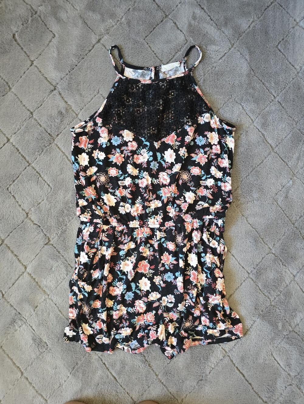 Full Tilt Black Floral Halter Romper with Lace Yoke